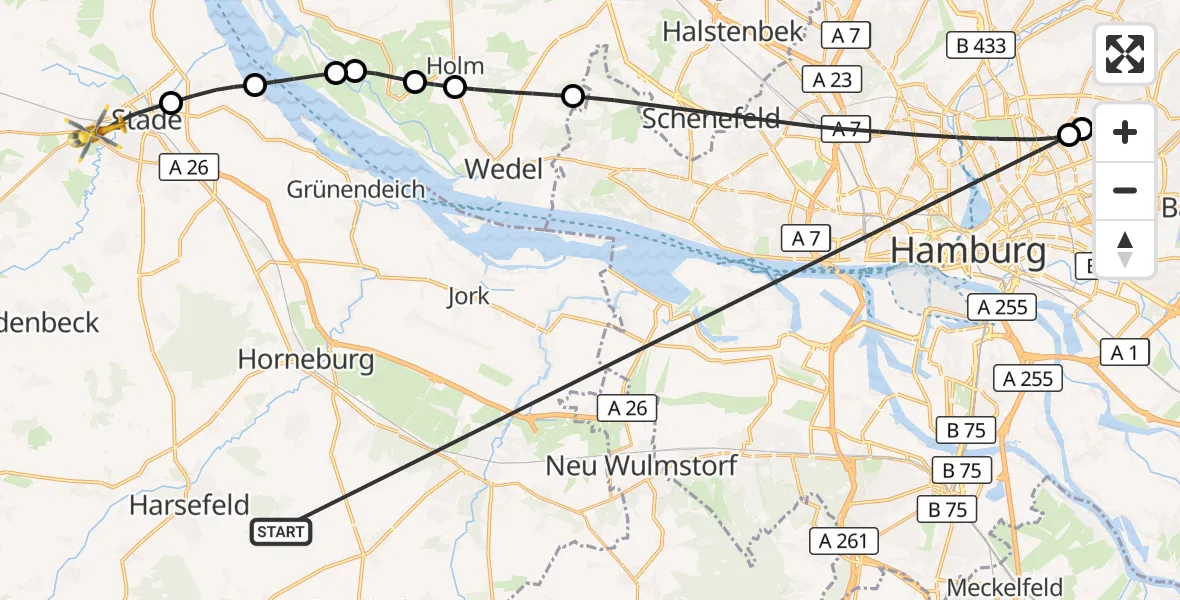 Flugroute Rettungshubschrauber Harsefeld - Stade, 29 Juni 2026, 10:38