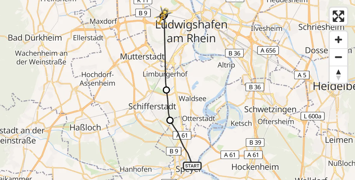 Flugroute Rettungshubschrauber Speyer - Ludwigshafen Accident Hospital, 29 Juni 2026, 10:39