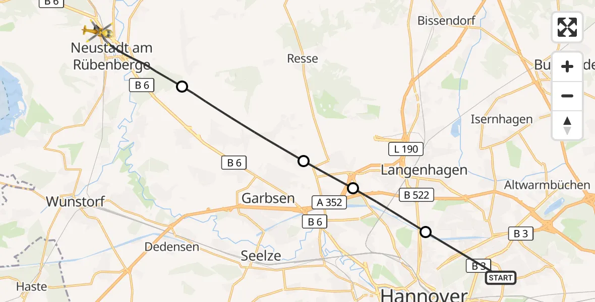 Flugroute Rettungshubschrauber Hannover Luftrettung Hubschrauberlandeplatz (Christoph 4) - Neustadt am Rübenberge, 29 Juni 2026, 10:41