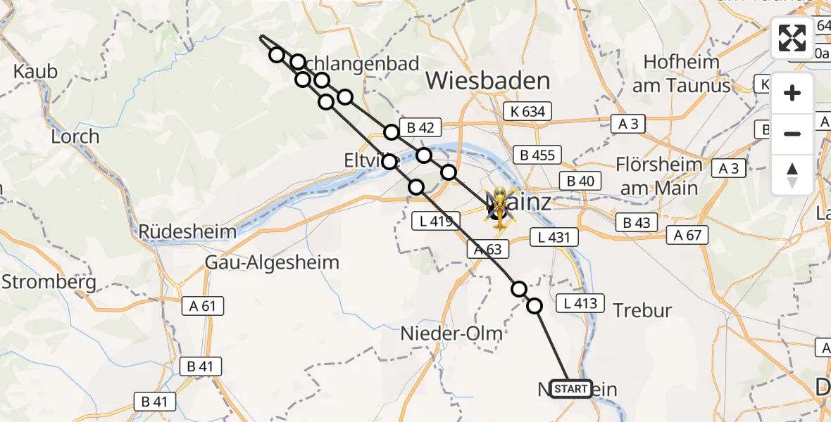 Flugroute Rettungshubschrauber Nierstein - Mainz University Hospital, 29 Juni 2026, 10:42