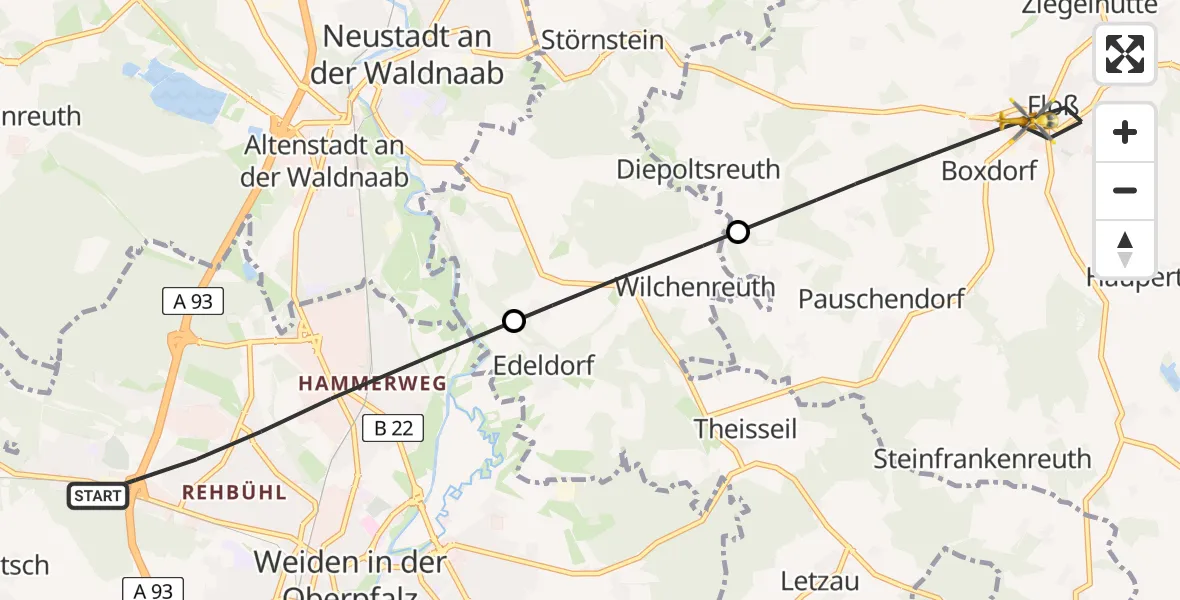 Flugroute Rettungshubschrauber Weiden i.d.OPf. - Floß, 29 Juni 2026, 10:50