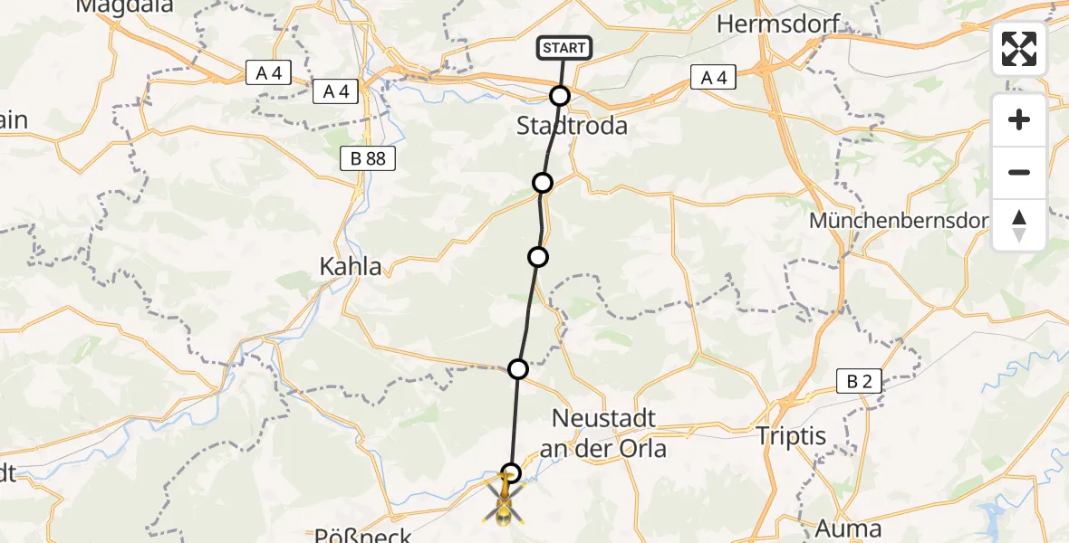 Flugroute Rettungshubschrauber Ruttersdorf-Lotschen - Weira, 29 Juni 2026, 10:53