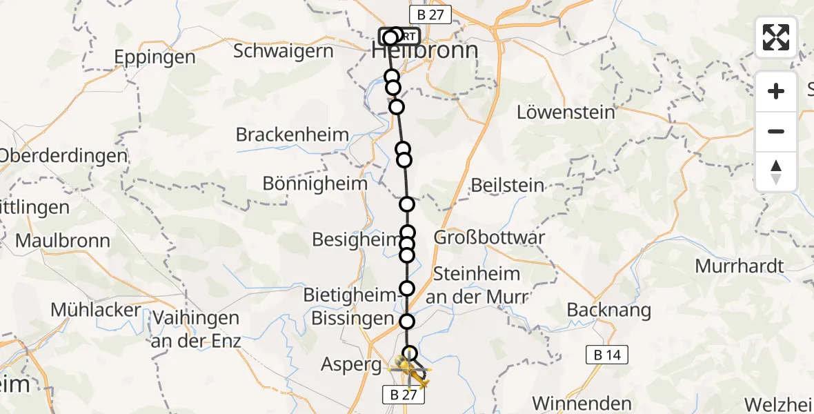 Flugroute Rettungshubschrauber Heilbronn Hospital - Ludwigsburg, 29 Juni 2026, 10:53