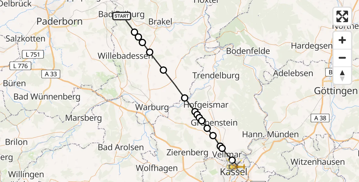 Flugroute Rettungshubschrauber Bad Driburg - Kassel, 29 Juni 2026, 10:55