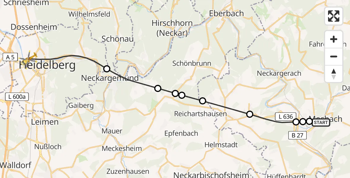 Flugroute Ambulanzhubschrauber Mosbach - Heidelberg, 29 Juni 2026, 10:58