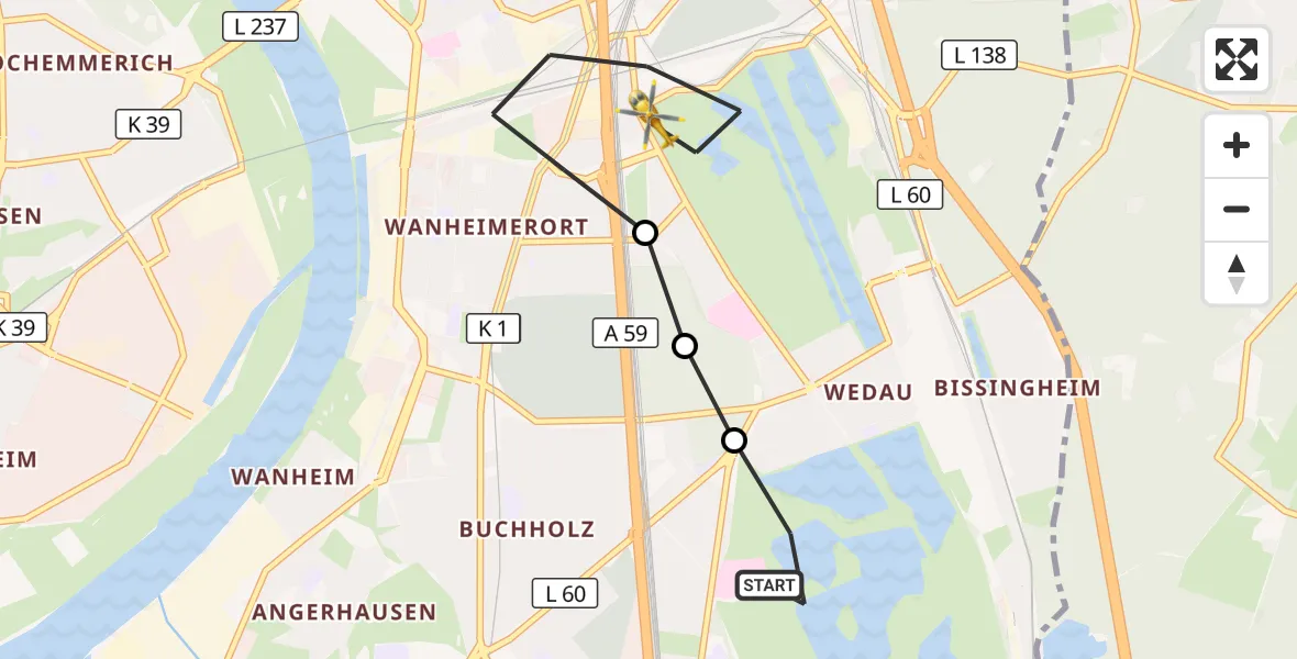 Flugroute Rettungshubschrauber Duisburg Air Rescue Hubschrauberlandeplatz (Christoph 9) - Duisburg, 29 Juni 2026, 10:58