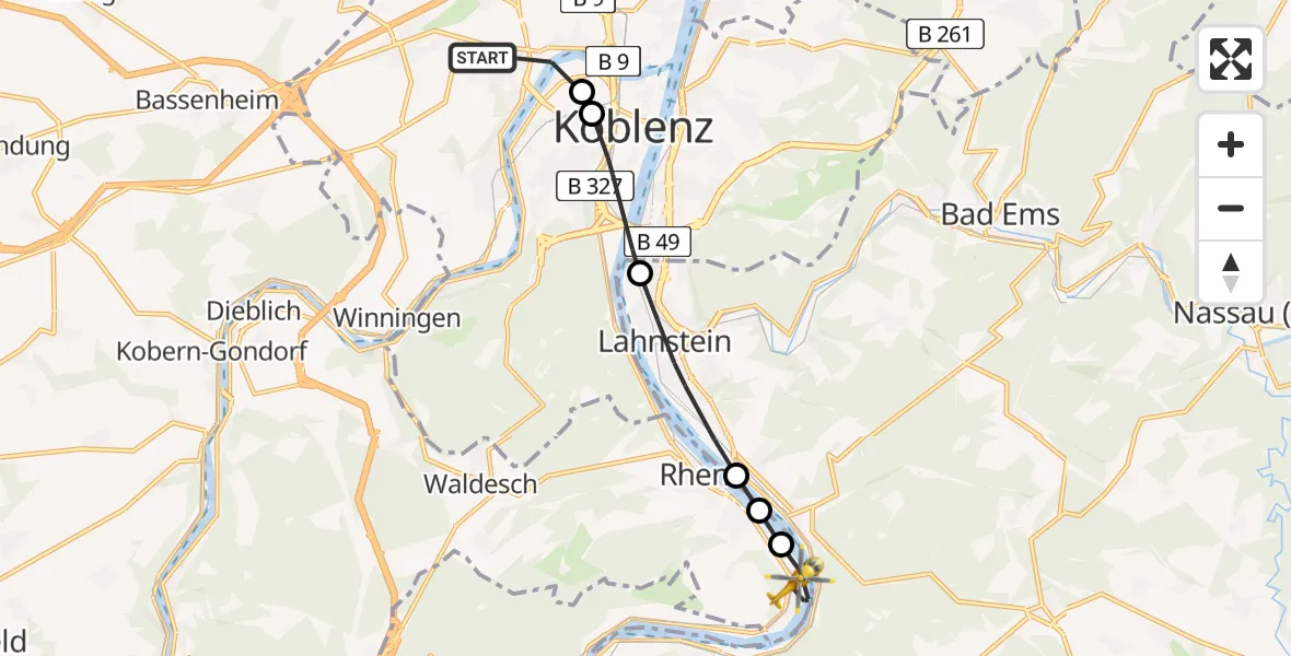 Flugroute Rettungshubschrauber Koblenz - Spay, 29 Juni 2026, 11:00