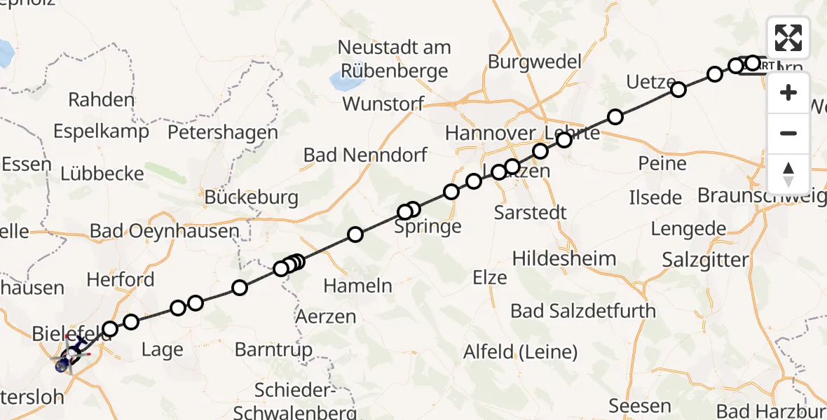 Flugroute Polizeihubschrauber Gifhorn Bundespolizei Hubschrauberlandeplatz - Luftrettungszentrum Bielefeld, 29 Juni 2026, 11:02