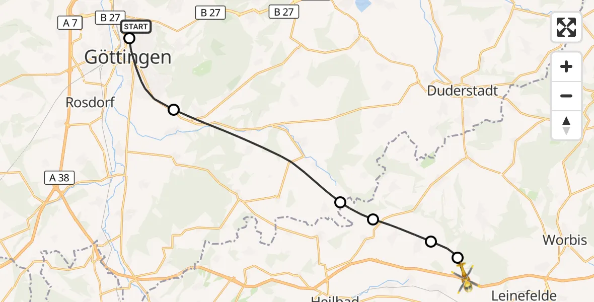 Flugroute Rettungshubschrauber Göttingen University Clinic Hubschrauberlandeplatz - Wingerode, 29 Juni 2026, 11:05