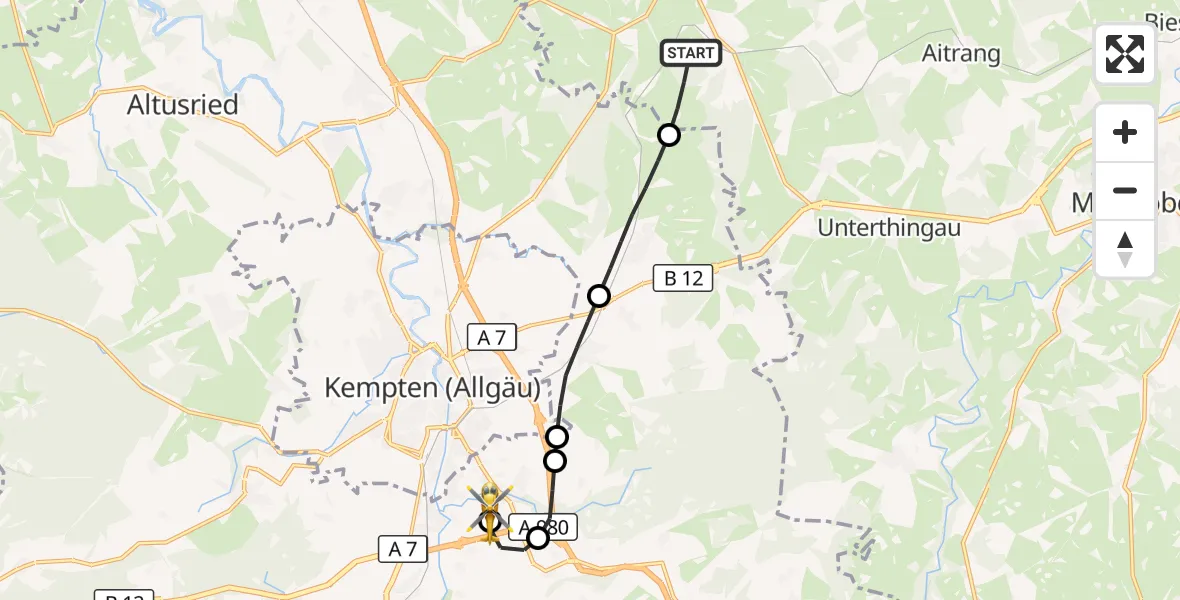 Flugroute Rettungshubschrauber Günzach - Kempten-Durach Flugplatz, 29 Juni 2026, 11:07