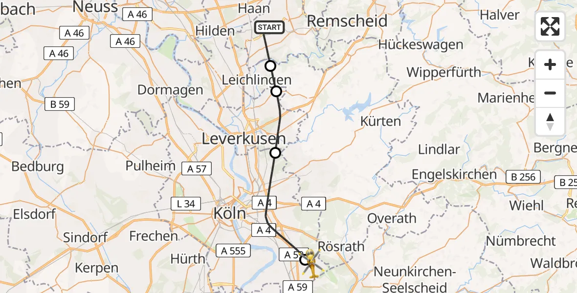 Flugroute Ambulanzhubschrauber Solingen - Köln Bonn Flughafen, 29 Juni 2026, 11:10