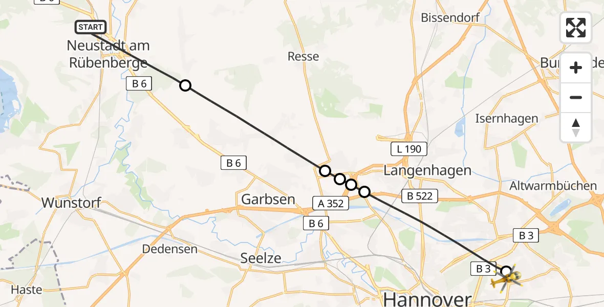 Flugroute Rettungshubschrauber Neustadt am Rübenberge - Hannover Luftrettung Hubschrauberlandeplatz (Christoph 4), 29 Juni 2026, 11:11