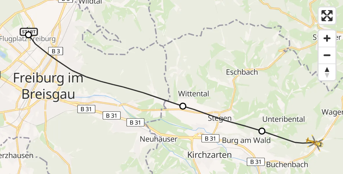 Flugroute Ambulanzhubschrauber Freiburg im Breisgau Flugplatz - Buchenbach, 29 Juni 2026, 11:11