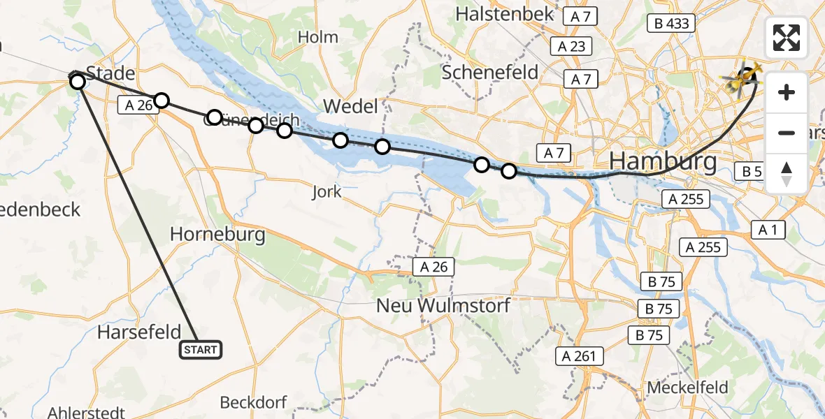 Flugroute Rettungshubschrauber Harsefeld - Hamburg Military Hospital, 29 Juni 2026, 11:16