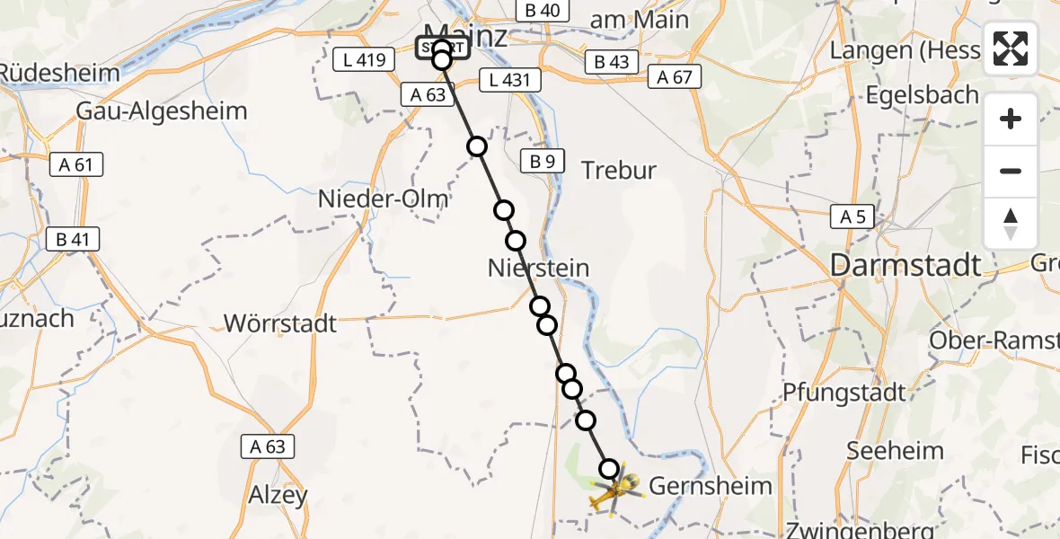 Flugroute Rettungshubschrauber Mainz University Hospital - Eich, 29 Juni 2026, 11:17