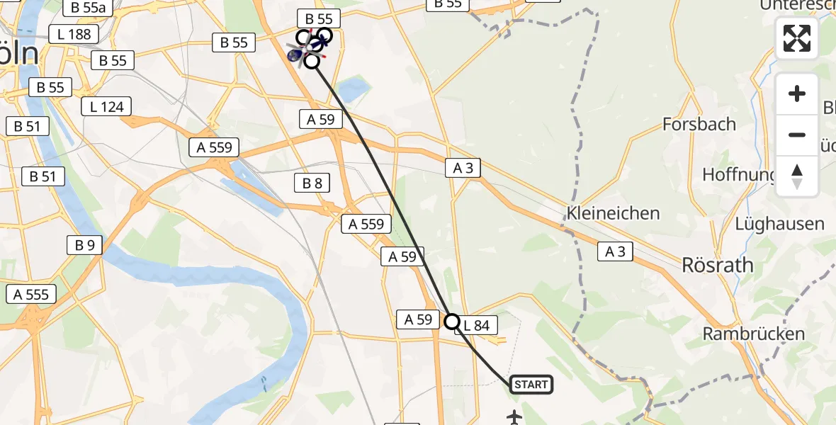 Flugroute Polizeihubschrauber Köln Bonn Flughafen - Merheim Hospital, 29 Juni 2026, 11:22