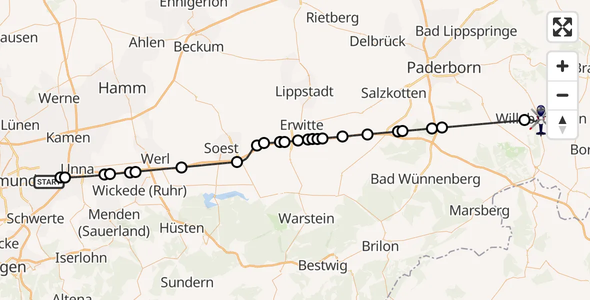 Flugroute Polizeihubschrauber Dortmund Flughafen - Willebadessen, 29 Juni 2026, 11:22