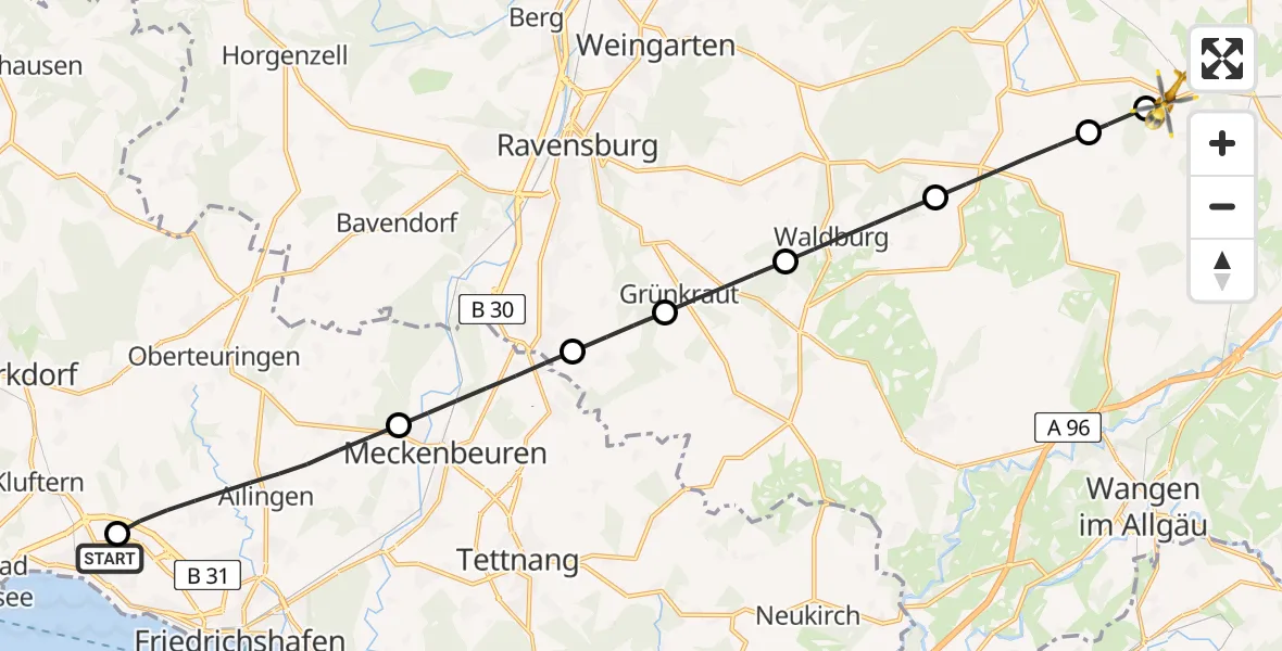 Flugroute Rettungshubschrauber Friedrichshafen Hospital - Kißlegg, 29 Juni 2026, 11:27