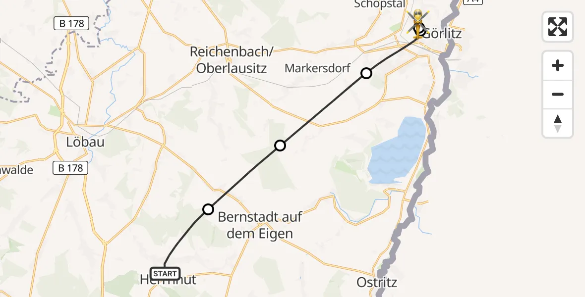 Flugroute Rettungshubschrauber Herrnhut - Görlitz Hospital, 29 Juni 2026, 11:28