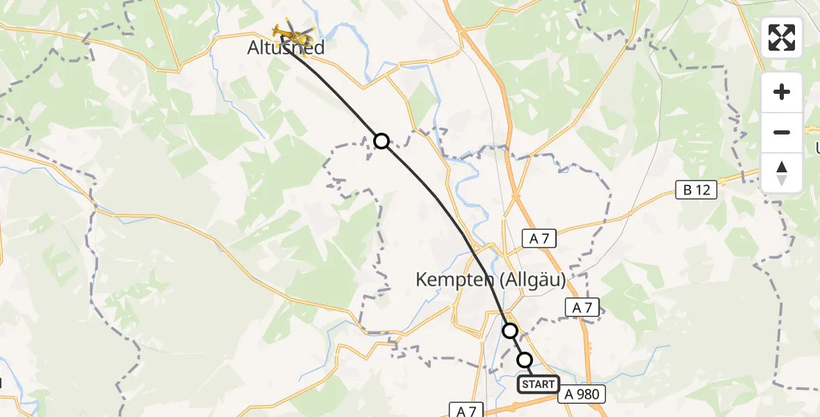 Flugroute Rettungshubschrauber Kempten-Durach Flugplatz - Altusried, 29 Juni 2026, 11:34