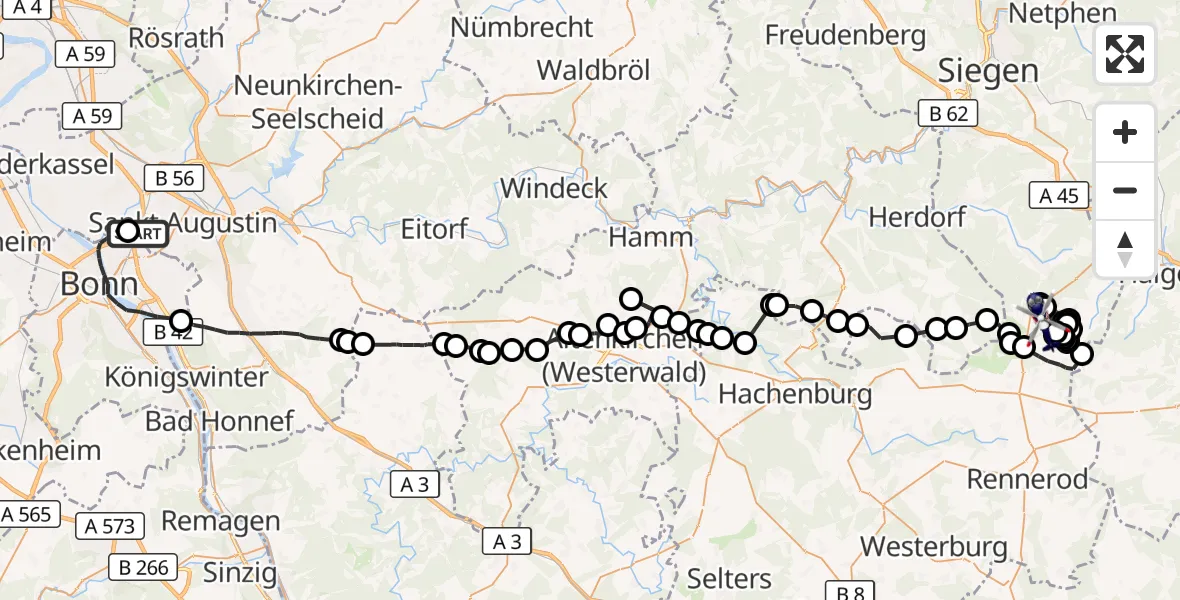 Flugroute Polizeihubschrauber Sankt Augustin - Siegerland Flughafen, 29 Juni 2026, 11:33