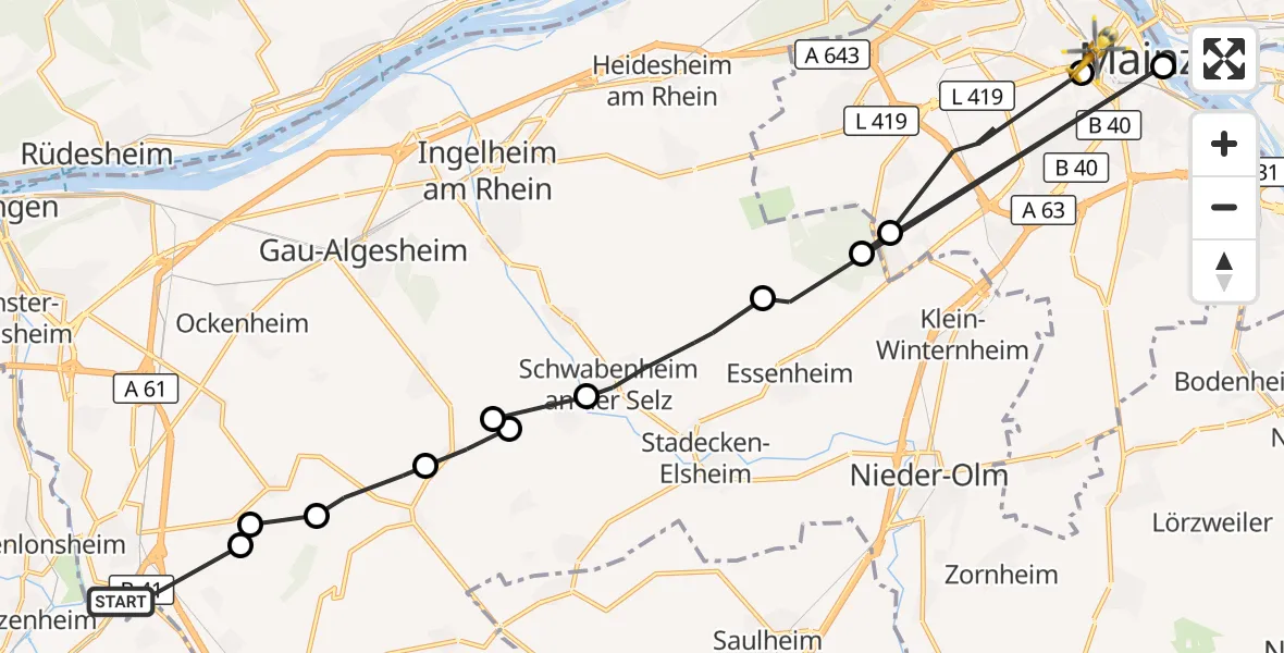 Flugroute Rettungshubschrauber Gensingen - Mainz, 29 Juni 2026, 11:36