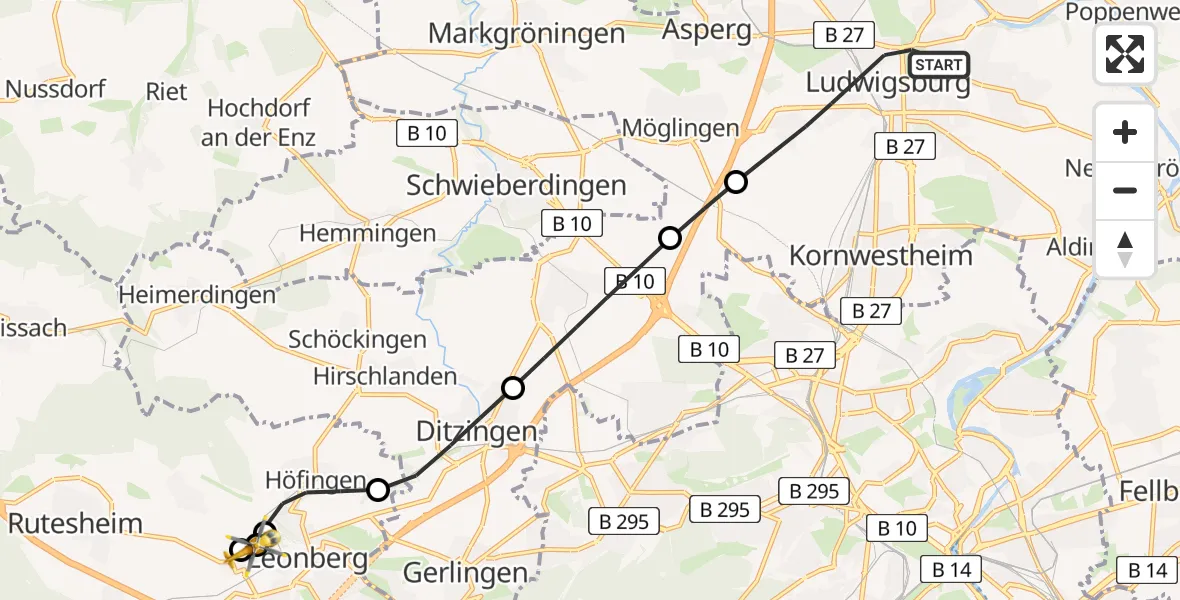 Flugroute Rettungshubschrauber Ludwigsburg - Leonberg Hospital, 29 Juni 2026, 11:38