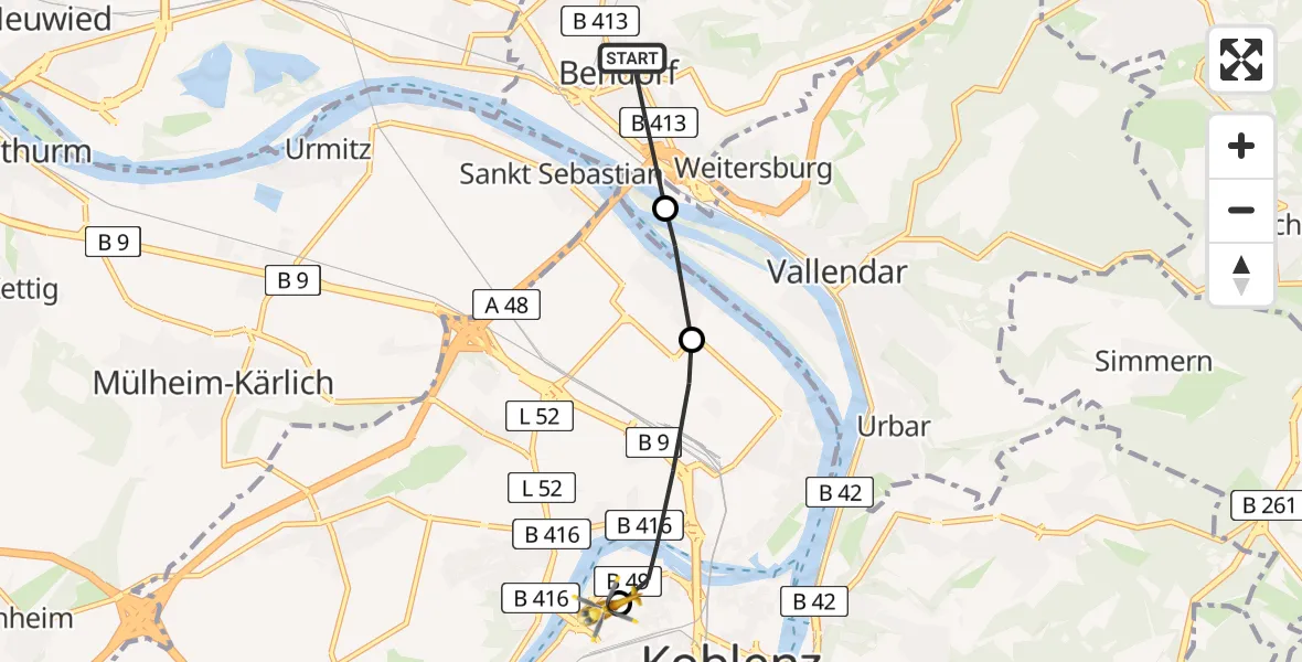 Flugroute Rettungshubschrauber Bendorf - Katholisches Klinikum Marienhof Koblenz Hubschrauberlandeplatz, 29 Juni 2026, 11:43