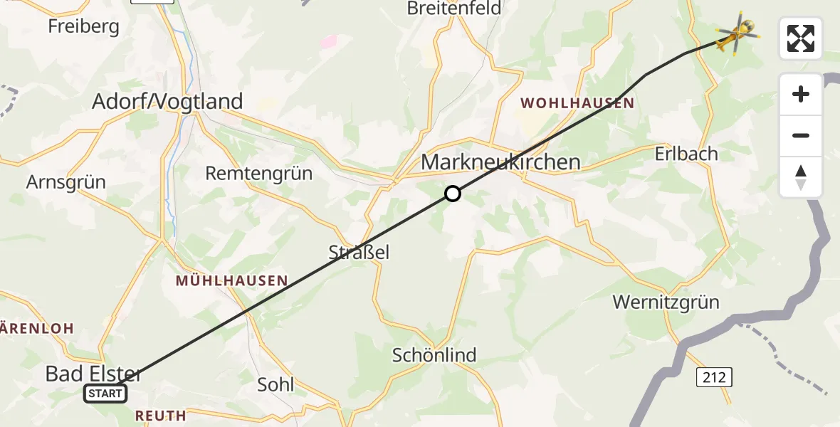 Flugroute Rettungshubschrauber Bad Elster - Markneukirchen, 29 Juni 2026, 11:50