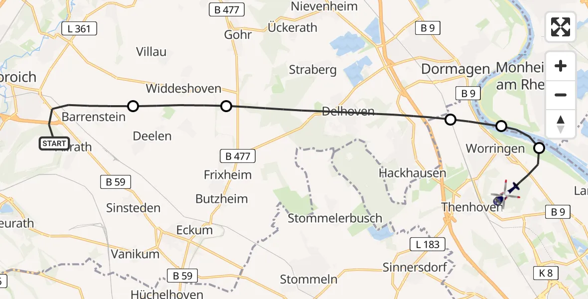 Flugroute Polizeihubschrauber Grevenbroich - Köln, 29 Juni 2026, 11:53