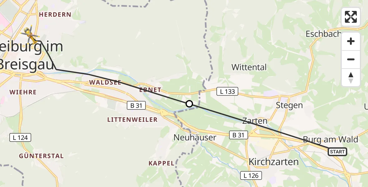 Flugroute Ambulanzhubschrauber Kirchzarten - Freiburg im Breisgau, 29 Juni 2026, 11:56