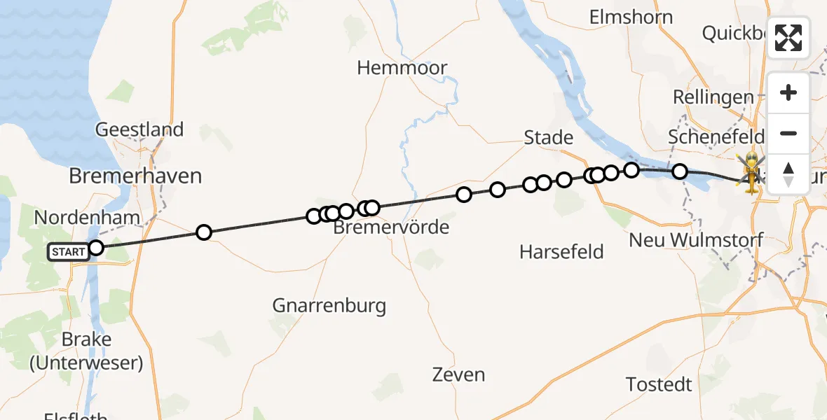Flugroute Rettungshubschrauber Nordenham - Hamburg, 29 Juni 2026, 11:57