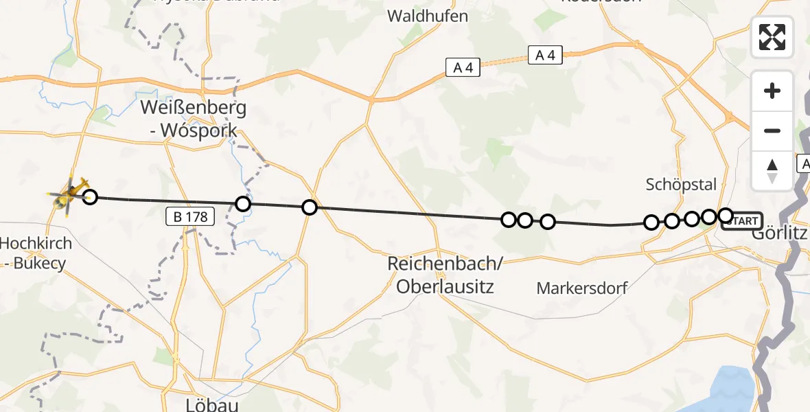 Flugroute Rettungshubschrauber Görlitz Hospital - Hochkirch, 29 Juni 2026, 12:00