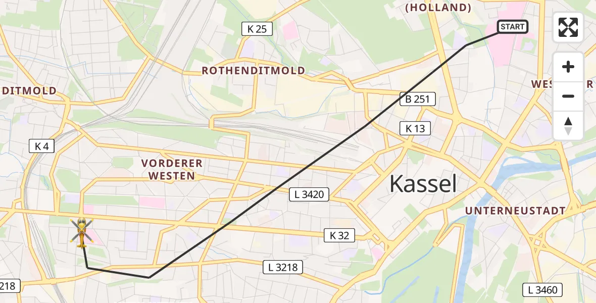 Flugroute Rettungshubschrauber Kassel - Kassel, 29 Juni 2026, 12:01