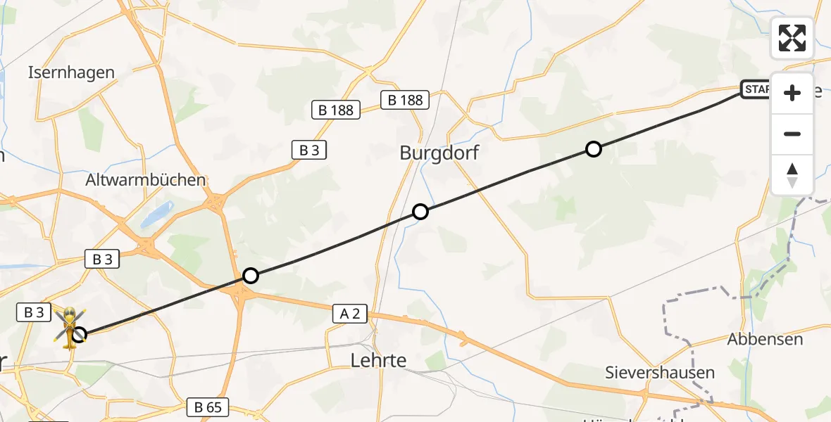 Flugroute Rettungshubschrauber Uetze - Hannover Luftrettung Hubschrauberlandeplatz (Christoph 4), 29 Juni 2026, 12:03