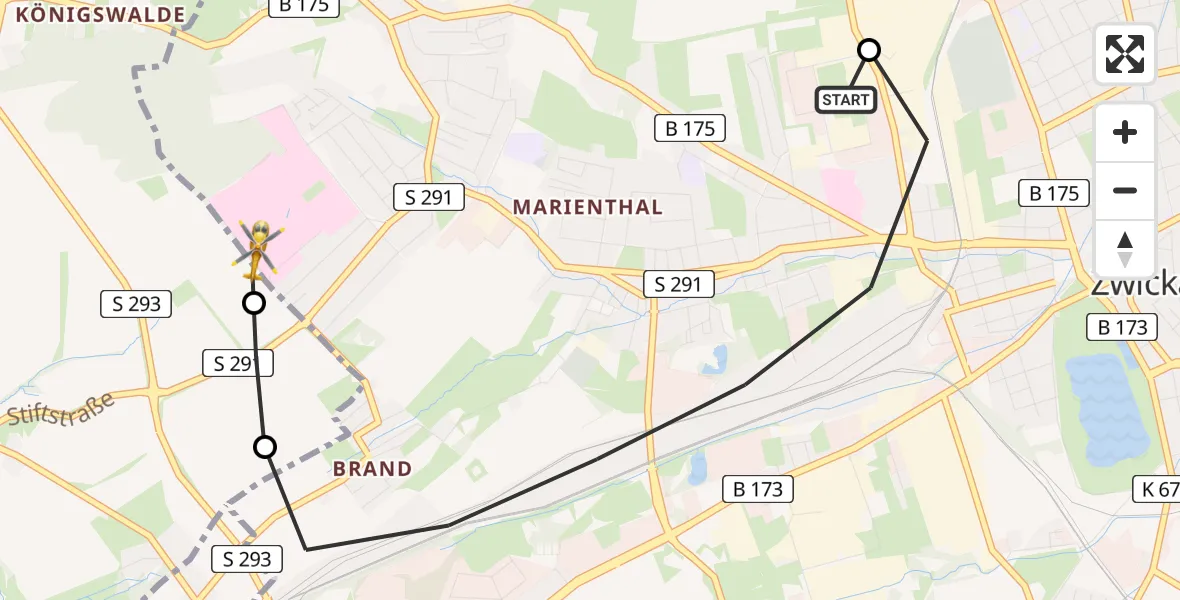 Flugroute Rettungshubschrauber Heinrich Braun Hospital Zwickau - ADAC Air Rescue Station Zwickau Hubschrauberlandeplatz, 29 Juni 2026, 12:03