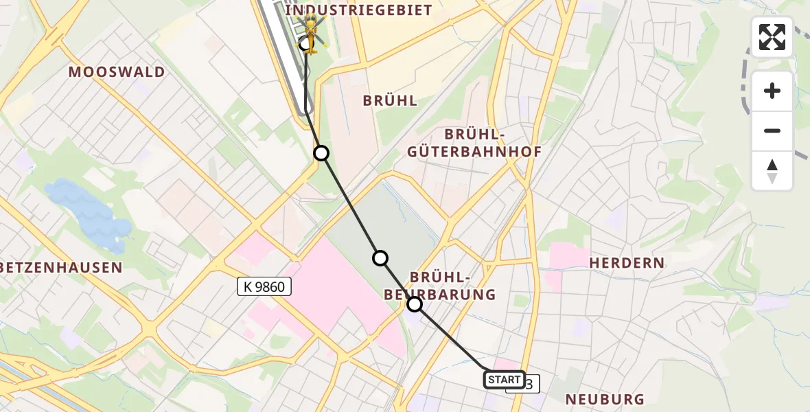 Flugroute Ambulanzhubschrauber Freiburg im Breisgau - Freiburg im Breisgau Flugplatz, 29 Juni 2026, 12:05