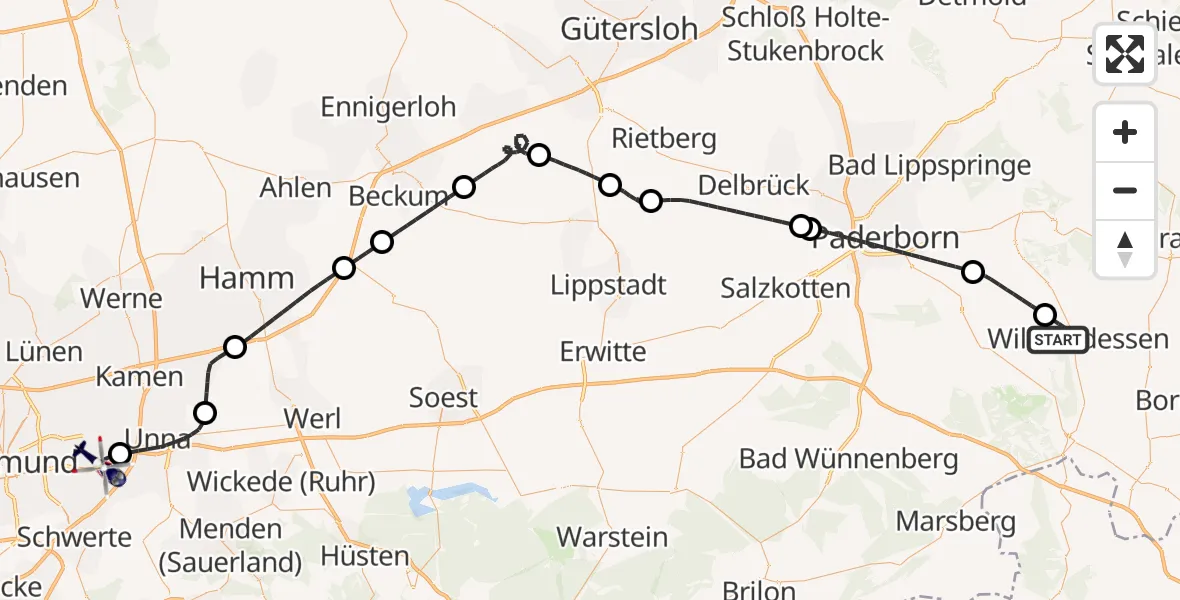 Flugroute Polizeihubschrauber Willebadessen - Dortmund Flughafen, 29 Juni 2026, 12:06