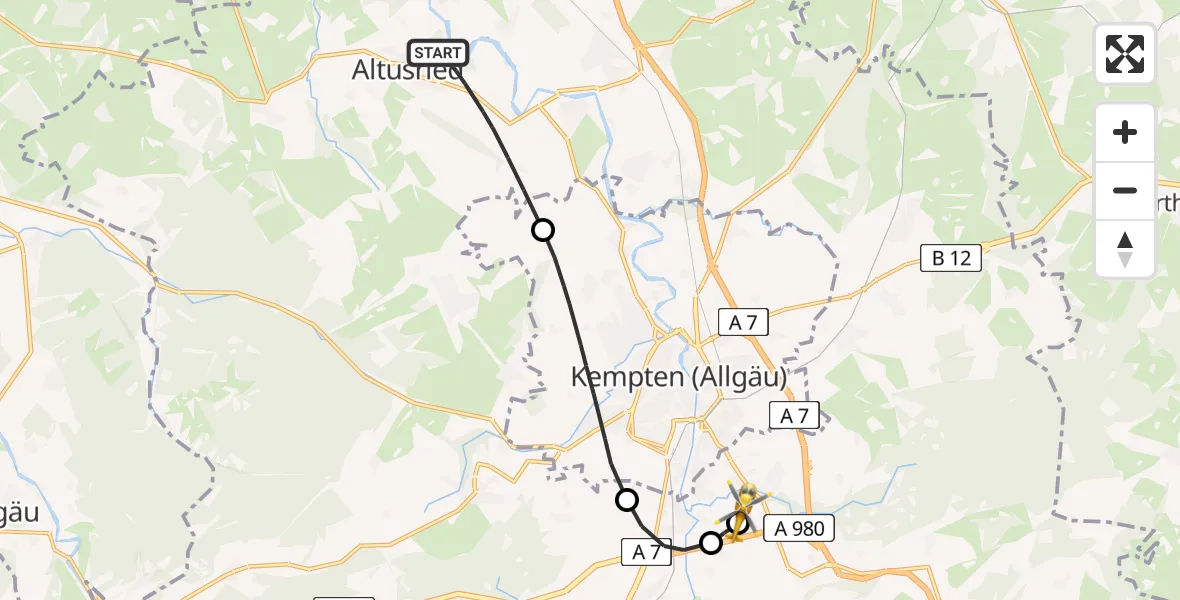 Flugroute Rettungshubschrauber Altusried - Kempten-Durach Flugplatz, 29 Juni 2026, 12:07