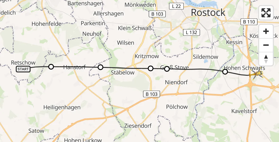 Flugroute Ambulanzhubschrauber Retschow - Dummerstorf, 29 Juni 2026, 12:08