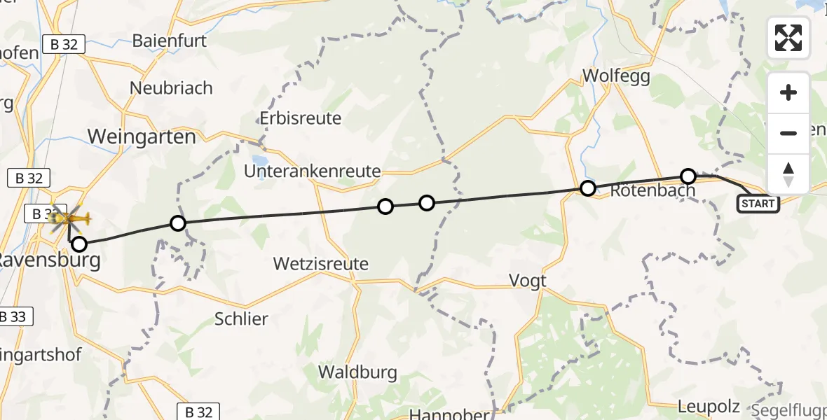 Flugroute Rettungshubschrauber Kißlegg - Sankt Elisabeth Hospital, 29 Juni 2026, 12:08