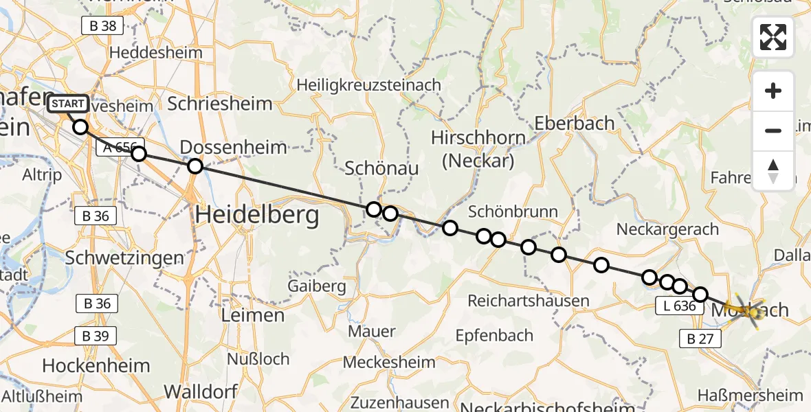 Flugroute Rettungshubschrauber Mannheim-City Flughafen - Mosbach, 29 Juni 2026, 12:10