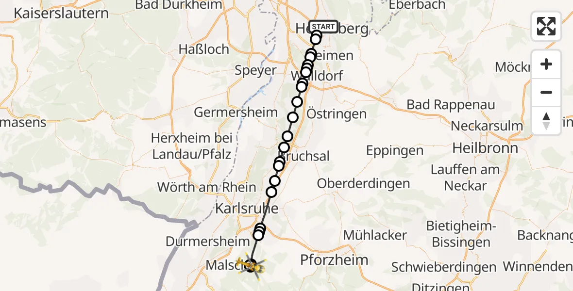 Flugroute Ambulanzhubschrauber Heidelberg - Marxzell, 29 Juni 2026, 12:14