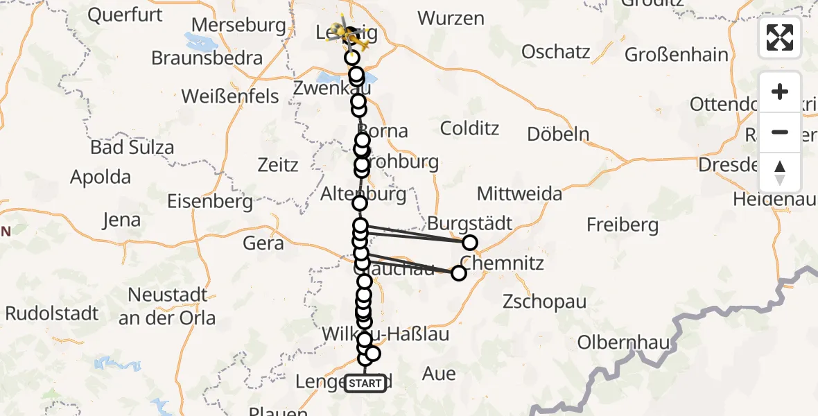 Flugroute Rettungshubschrauber Kirchberg - Leipzig University Hospital Heliport 2, 29 Juni 2026, 12:24