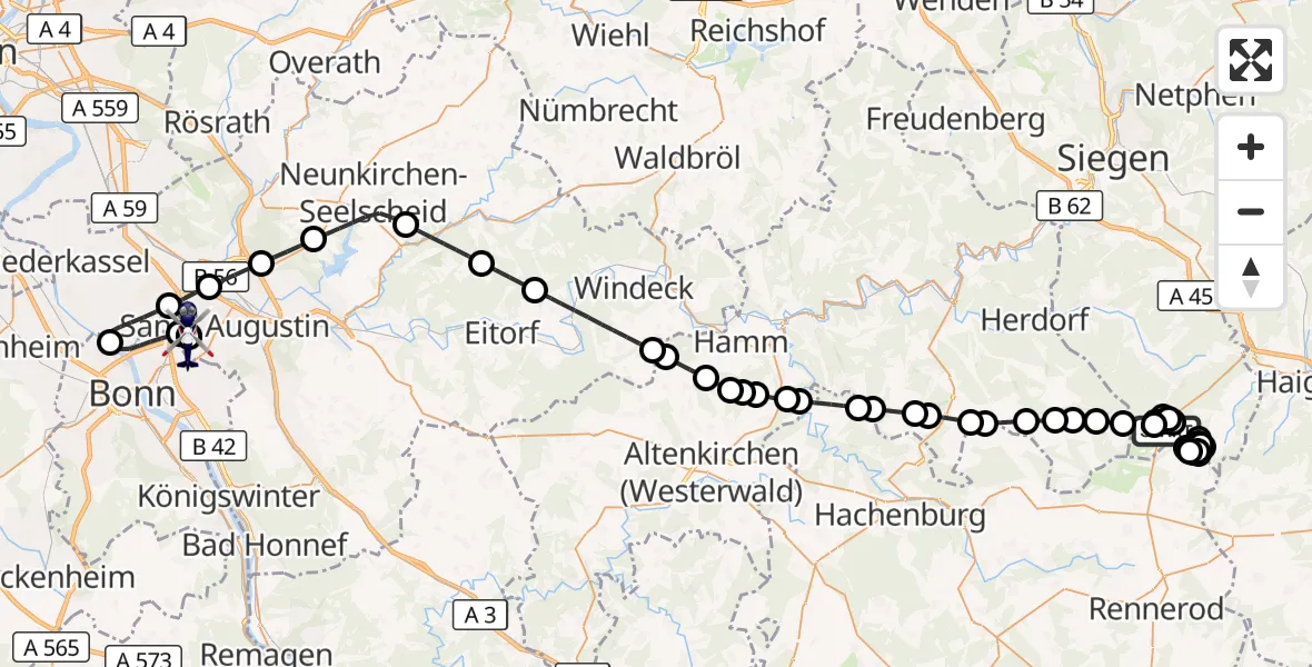 Flugroute Polizeihubschrauber Siegerland Flughafen - Sankt Augustin, 29 Juni 2026, 12:43