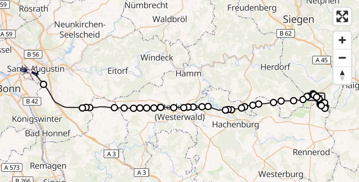Flugroute Polizeihubschrauber Siegerland Flughafen - Sankt Augustin, 29 Juni 2026, 12:45