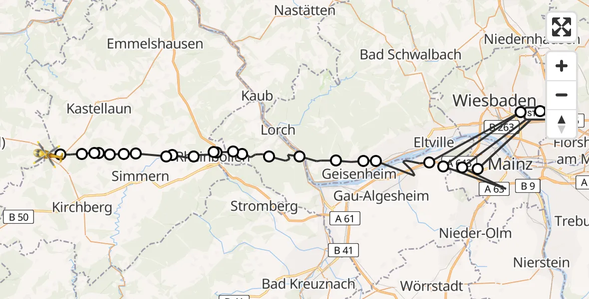 Flugroute Rettungshubschrauber Wiesbaden - Peterswald-Löffelscheid, 29 Juni 2026, 12:46