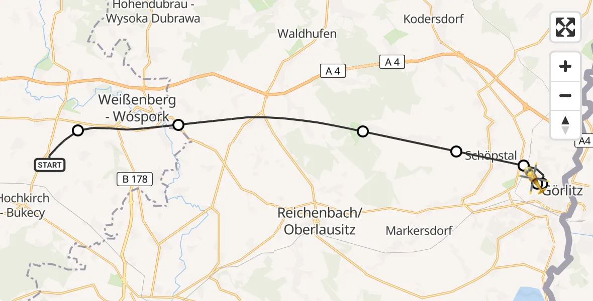 Flugroute Rettungshubschrauber Hochkirch - Görlitz Hospital, 29 Juni 2026, 12:48