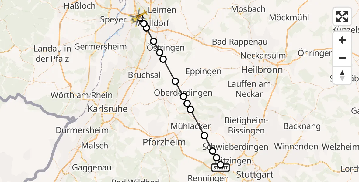 Flugroute Rettungshubschrauber Leonberg Hospital - Hockenheim, 29 Juni 2026, 12:48
