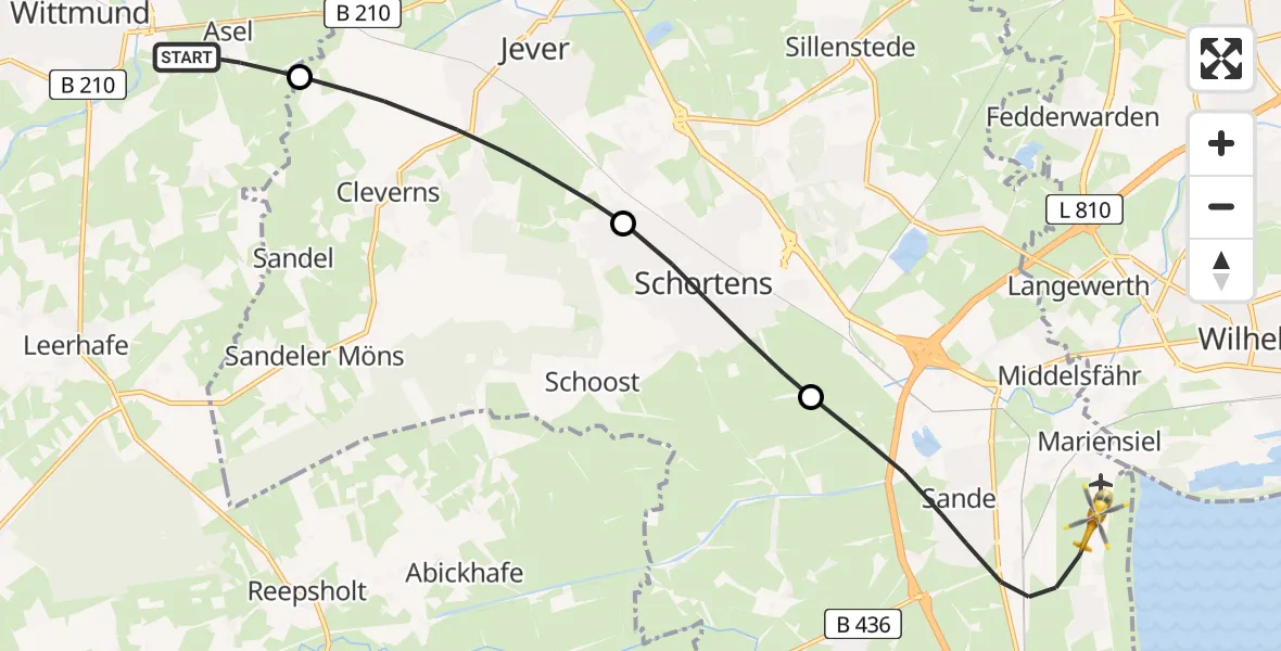 Flugroute Ambulanzhubschrauber Wittmund - JadeWeser Flughafen, 29 Juni 2026, 12:48